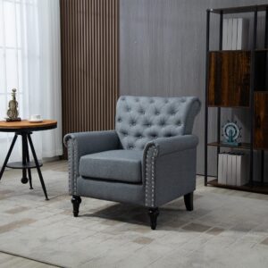 Deolme Grey Accent Chair for Living Room- Mid Century Modern Compact Club Chair Bedroom Arm Chair sillas de sala Upholstered Reading Lounge Sofa Chair Side Small Armchair Button Tufted Gray