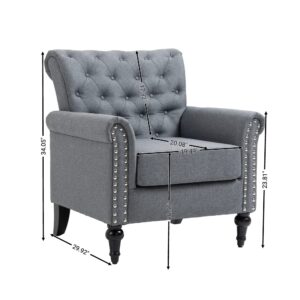 Deolme Grey Accent Chair for Living Room- Mid Century Modern Compact Club Chair Bedroom Arm Chair sillas de sala Upholstered Reading Lounge Sofa Chair Side Small Armchair Button Tufted Gray