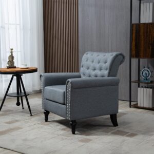 Deolme Grey Accent Chair for Living Room- Mid Century Modern Compact Club Chair Bedroom Arm Chair sillas de sala Upholstered Reading Lounge Sofa Chair Side Small Armchair Button Tufted Gray