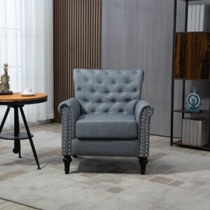 Deolme Grey Accent Chair for Living Room- Mid Century Modern Compact Club Chair Bedroom Arm Chair sillas de sala Upholstered Reading Lounge Sofa Chair Side Small Armchair Button Tufted Gray