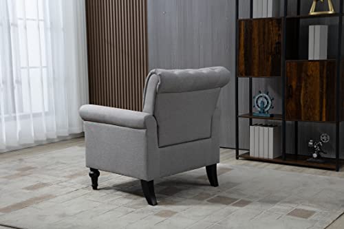 JOYBASE Mid-Century Modern Accent chair Armchair, Upholstered Club Reading Chair with Nailheads and Wood Legs Single Sofa Chair for Living Room Bedroom (Light Grey, Linen)