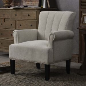 modern upholstered accent chair, armchair single sofa chair with rivet tufted scroll arm, polyester leisure cozy chair for living room bedroom reading studio (cream)