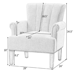 Modern Upholstered Accent Chair, Armchair Single Sofa Chair with Rivet Tufted Scroll Arm, Polyester Leisure Cozy Chair for Living Room Bedroom Reading Studio (Cream)