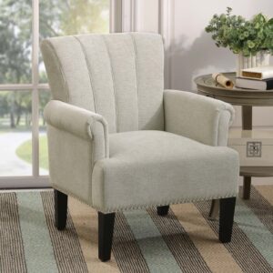 Modern Upholstered Accent Chair, Armchair Single Sofa Chair with Rivet Tufted Scroll Arm, Polyester Leisure Cozy Chair for Living Room Bedroom Reading Studio (Cream)