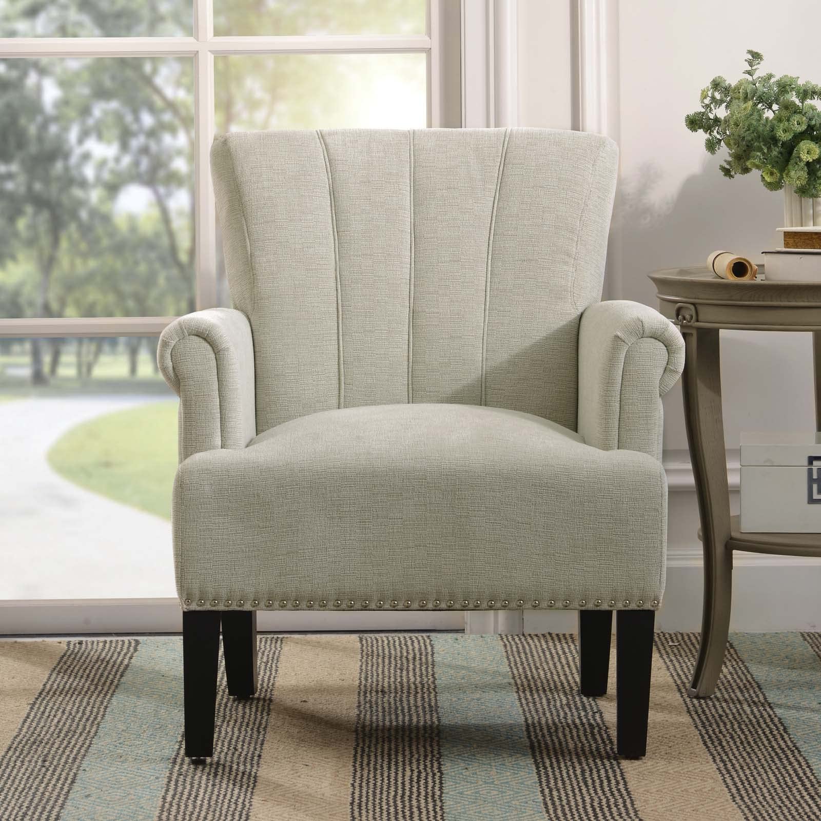 Modern Upholstered Accent Chair, Armchair Single Sofa Chair with Rivet Tufted Scroll Arm, Polyester Leisure Cozy Chair for Living Room Bedroom Reading Studio (Cream)