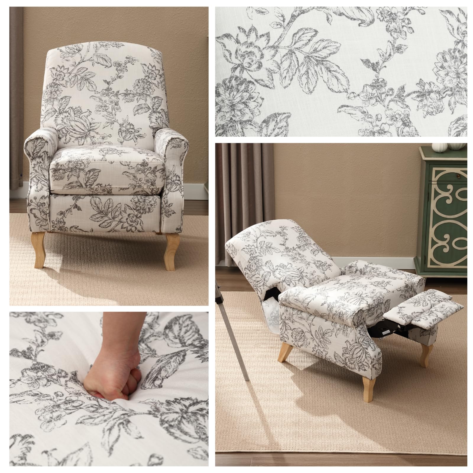 QUINJAY Floral Patterned Recliner Chair for Living Room, Upholstered Single Sofa with Adjustable Back and Footrest, Modern Push Back Lounge Chair Accent Armchair for Small Spaces Reading Napping