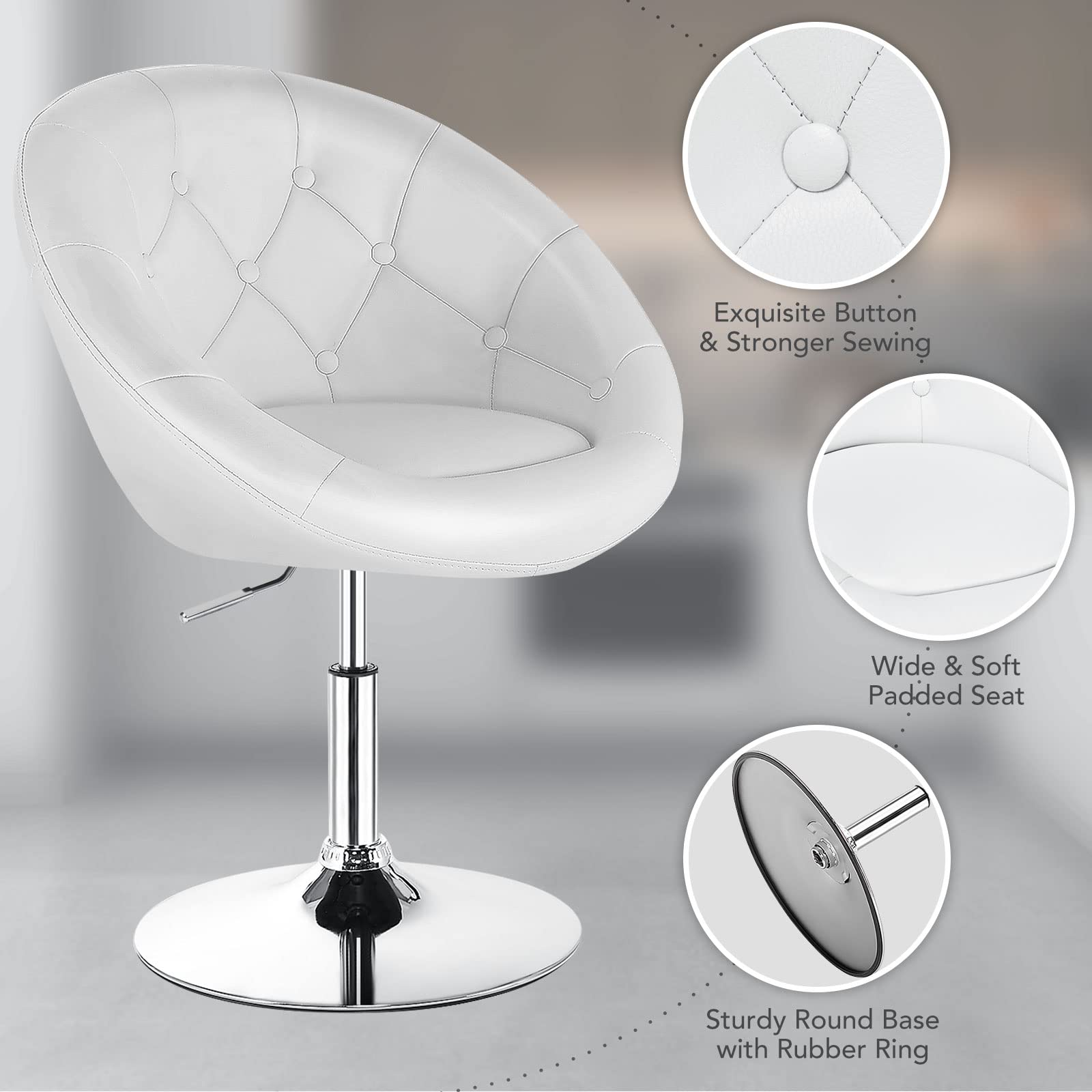 Giantex Swivel Round Vanity Chair, Height Adjustable with Back for Barber's Shop, Bar, Modern Living Room Makeup Beauty Accent Tilt Chair, White