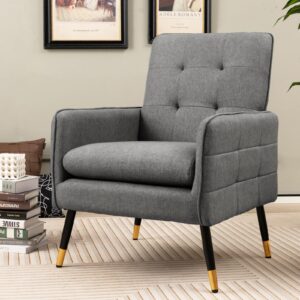 Giantex Modern Mid-Century Accent Chair - Upholstered Armchair with Tufted Back, Metal Legs, Adjustable Foot Pads, Linen Fabric Single Sofa Chair for Reading, Living Room Chair for Bedroom, Grey