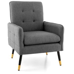 Giantex Modern Mid-Century Accent Chair - Upholstered Armchair with Tufted Back, Metal Legs, Adjustable Foot Pads, Linen Fabric Single Sofa Chair for Reading, Living Room Chair for Bedroom, Grey