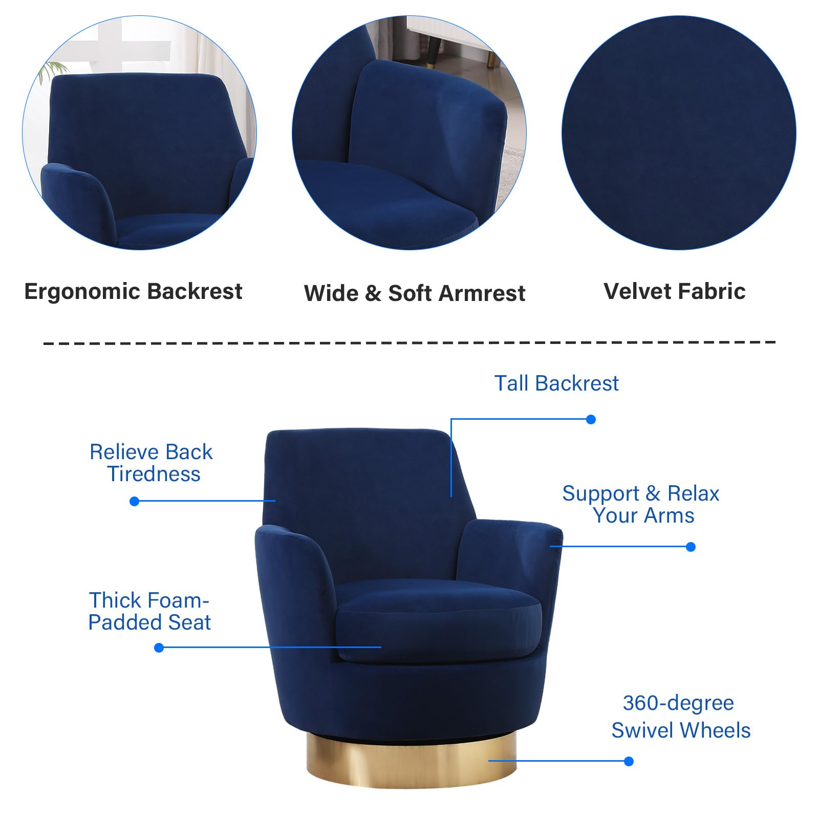 HANLIVES Swivel Barrel Chair,Modern Round Swivel Accent Chairs with Tall Backrest,360 Degree Comfy Velvet Fabric Accent Chair Small Single Chair Armchair for Living Room Bedroom(Blue)