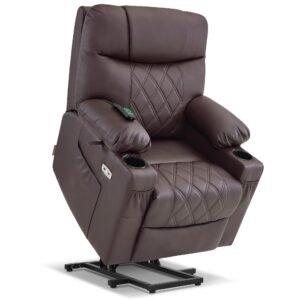 MCombo Small Size Power Lift Recliner Chair Sofa with Massage and Dual Heating, Adjustable Headrest for Elderly People Petite, USB Ports, Faux Leather 7111 (Dark Coffee)