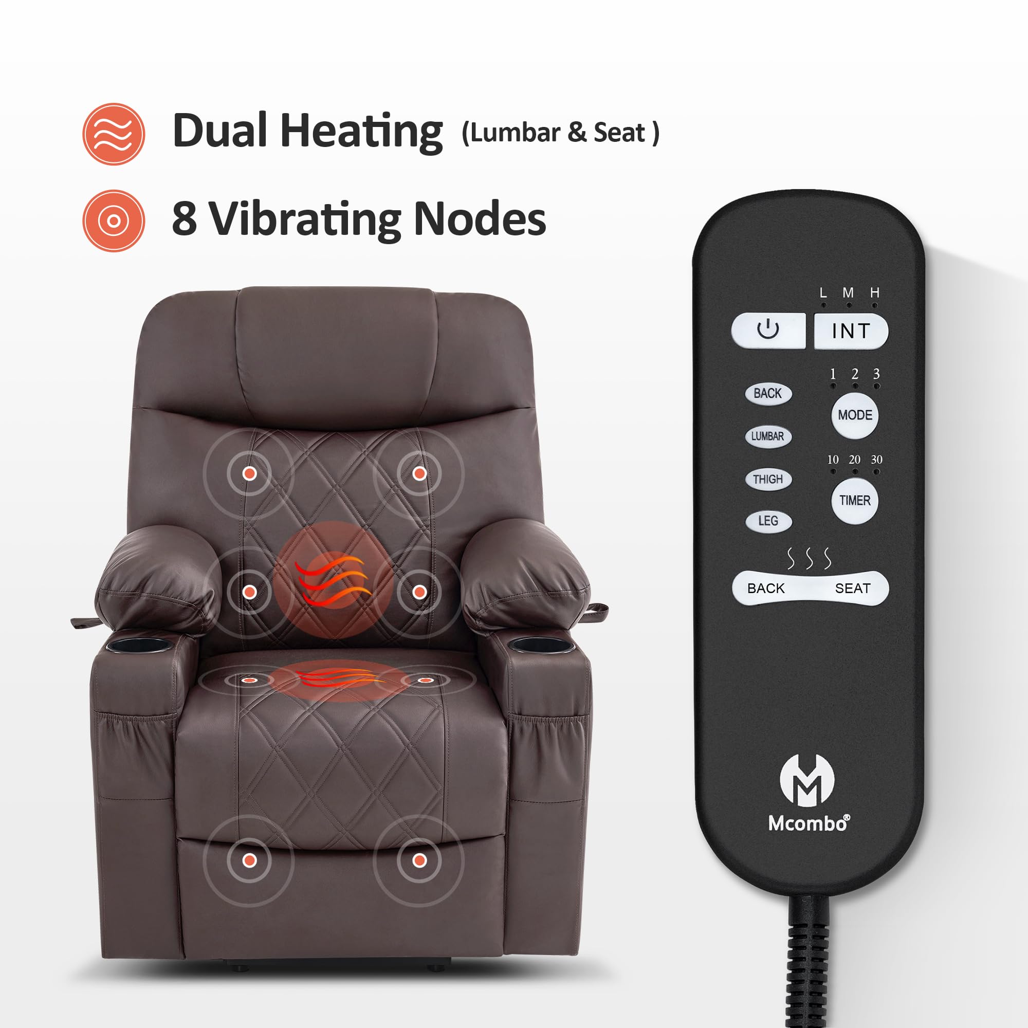 MCombo Small Size Power Lift Recliner Chair Sofa with Massage and Dual Heating, Adjustable Headrest for Elderly People Petite, USB Ports, Faux Leather 7111 (Dark Coffee)