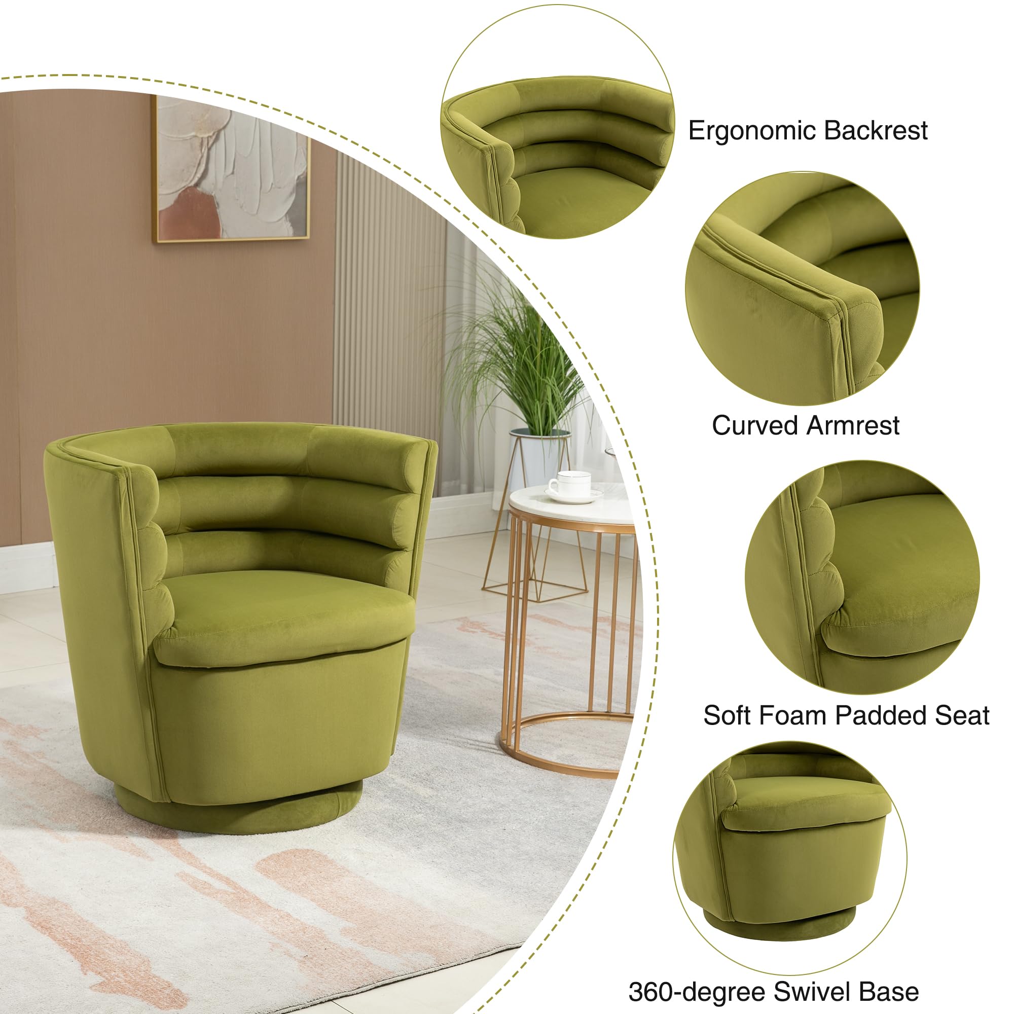 Tmsan Swivel Barrel Chair with Storage, 20.47" W Velvet Round Swivel Accent Chair Comfy Leisure Arm Chair Club Chair for Living Room Nursery Hotel Bedroom Office (Olive Green)