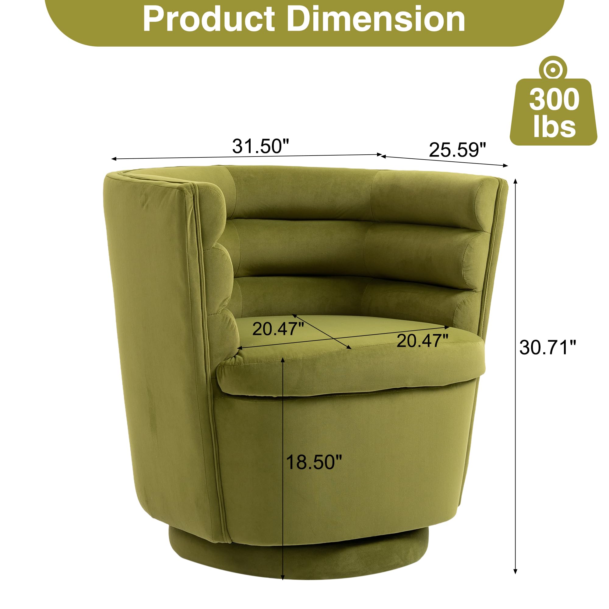 Tmsan Swivel Barrel Chair with Storage, 20.47" W Velvet Round Swivel Accent Chair Comfy Leisure Arm Chair Club Chair for Living Room Nursery Hotel Bedroom Office (Olive Green)