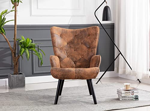 Brown Leather Accent Chairs Set of 2 for Living Room- Mid-Century Modern Comfy Reading Chair for Bedroom Adults Armchairs Sillones para Sala Sofa Tall Wingback Arm Chairs Microfiber Cushioned