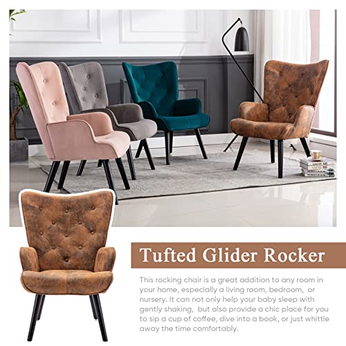 Brown Leather Accent Chairs Set of 2 for Living Room- Mid-Century Modern Comfy Reading Chair for Bedroom Adults Armchairs Sillones para Sala Sofa Tall Wingback Arm Chairs Microfiber Cushioned