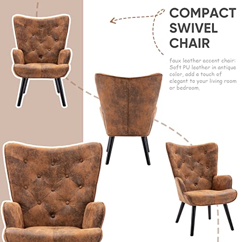 Brown Leather Accent Chairs Set of 2 for Living Room- Mid-Century Modern Comfy Reading Chair for Bedroom Adults Armchairs Sillones para Sala Sofa Tall Wingback Arm Chairs Microfiber Cushioned