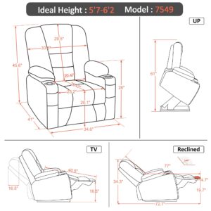 MCombo Large Power Lift Recliner Chair Sofa with Massage and Heat for Big and Tall Elderly People, 3 Positions, Cup Holders, and USB Ports, Fabric 7549 (Large, Burgundy)