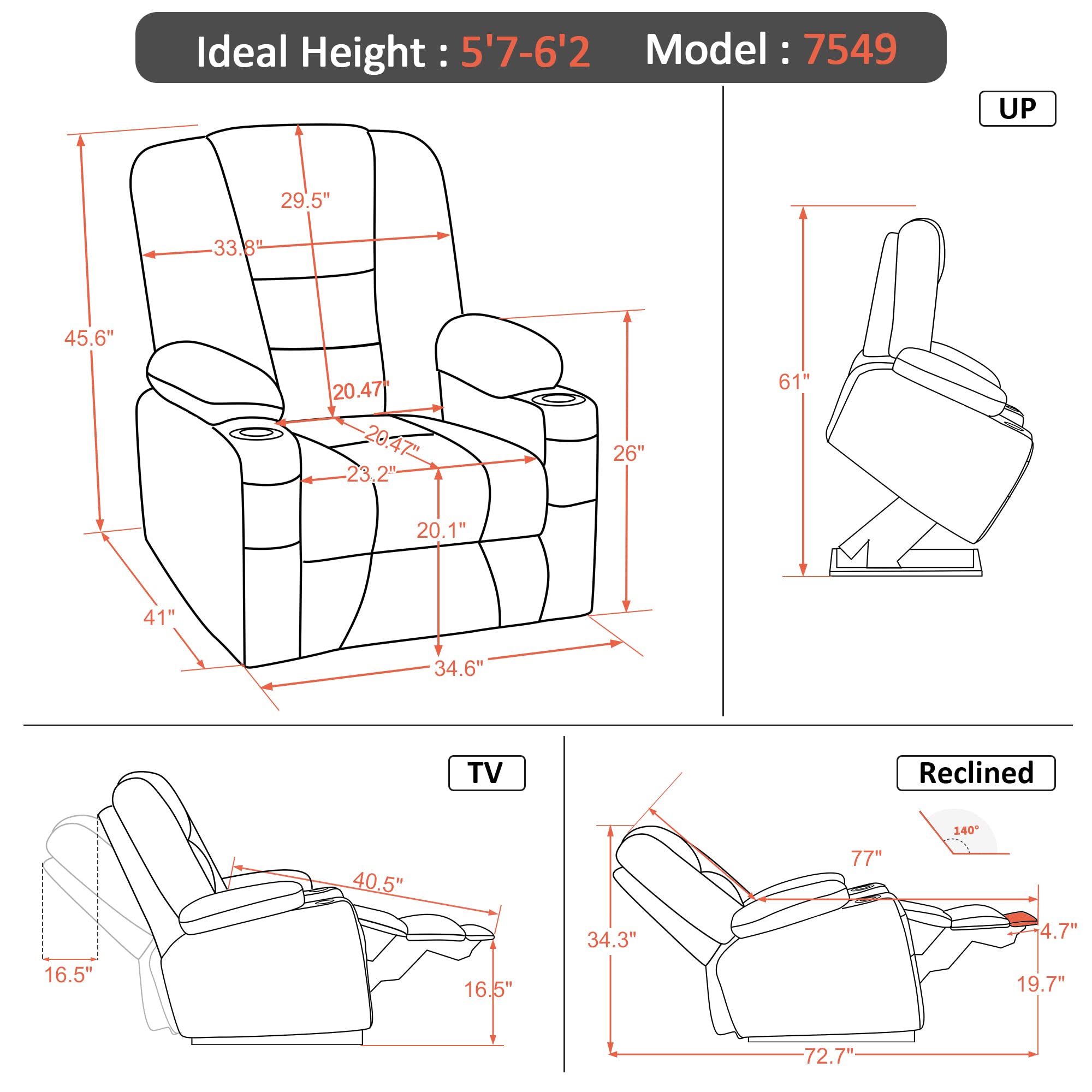 MCombo Large Power Lift Recliner Chair Sofa with Massage and Heat for Big and Tall Elderly People, 3 Positions, Cup Holders, and USB Ports, Fabric 7549 (Large, Burgundy)