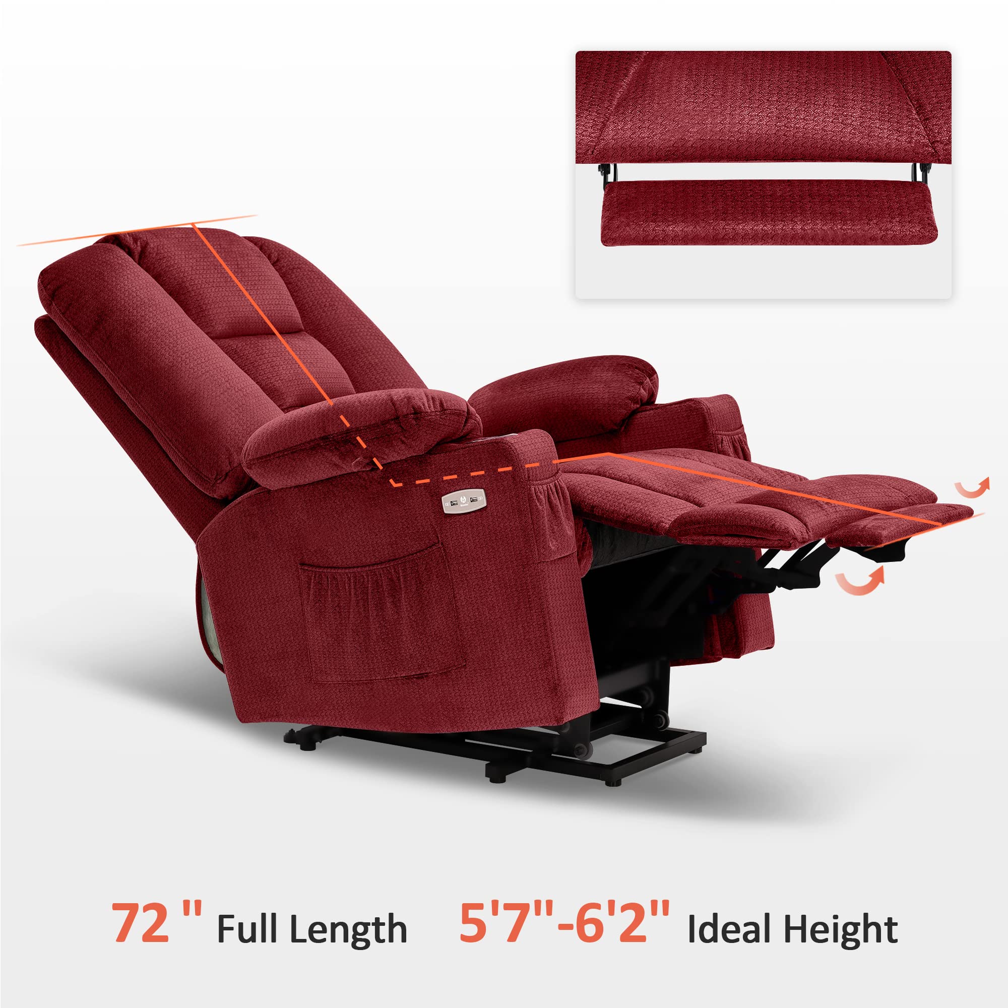 MCombo Large Power Lift Recliner Chair Sofa with Massage and Heat for Big and Tall Elderly People, 3 Positions, Cup Holders, and USB Ports, Fabric 7549 (Large, Burgundy)