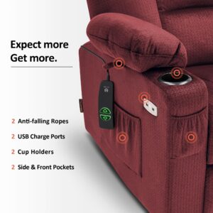 MCombo Large Power Lift Recliner Chair Sofa with Massage and Heat for Big and Tall Elderly People, 3 Positions, Cup Holders, and USB Ports, Fabric 7549 (Large, Burgundy)