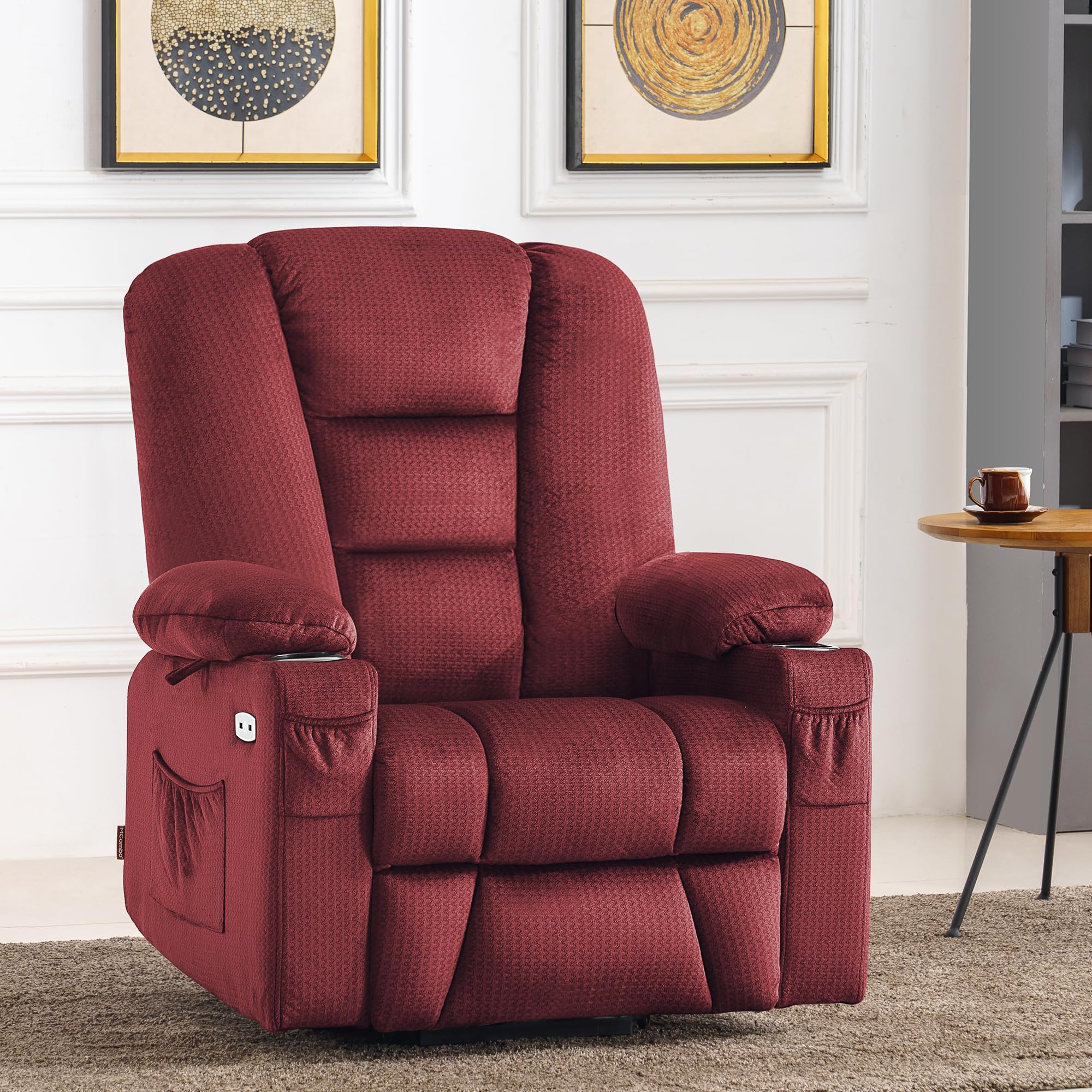 MCombo Large Power Lift Recliner Chair Sofa with Massage and Heat for Big and Tall Elderly People, 3 Positions, Cup Holders, and USB Ports, Fabric 7549 (Large, Burgundy)