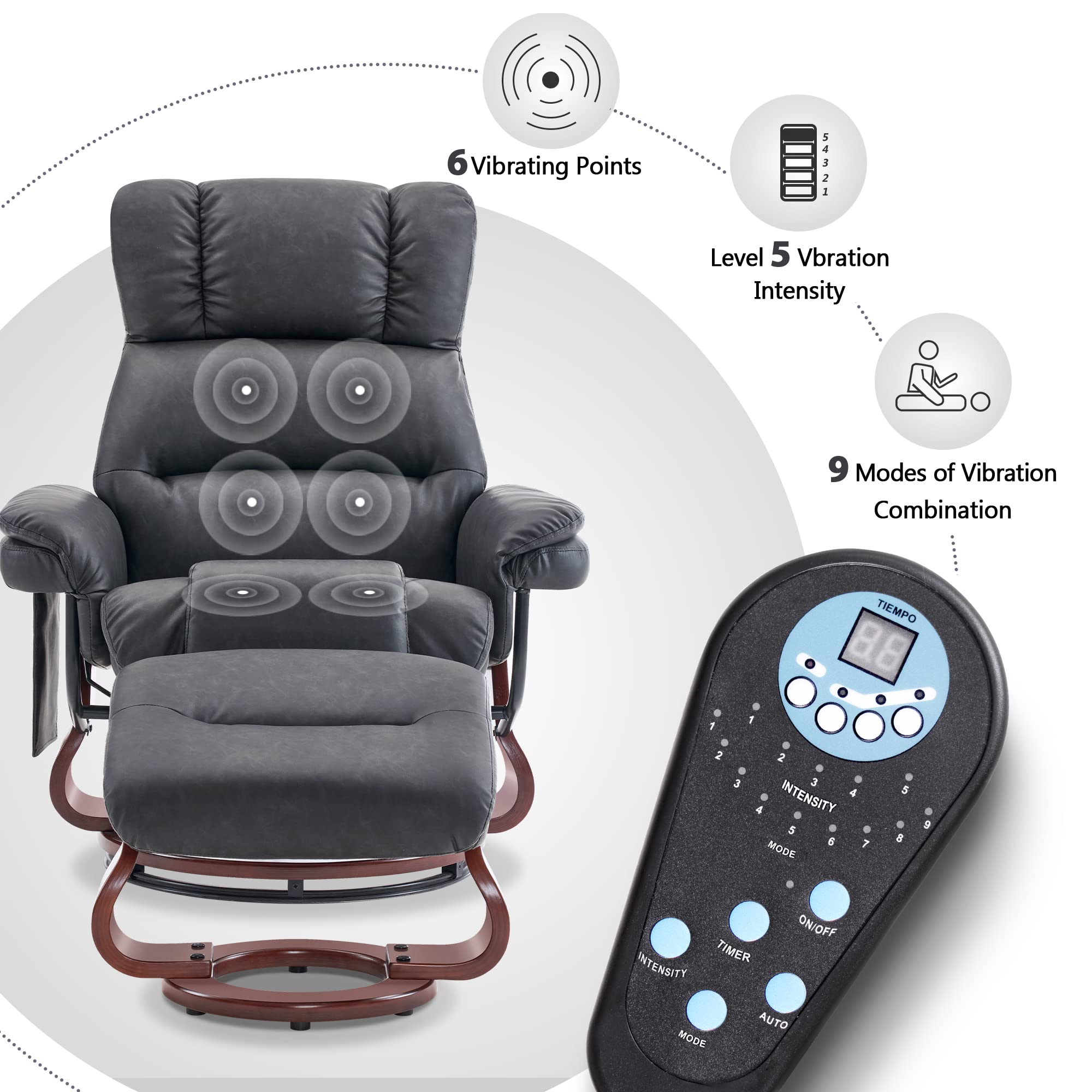 MCombo Swivel Recliners with Ottoman, Reclining TV Chairs with Vibration Massage, Faux Leather Ergonomic Lounge Chair for Living Room Bedroom 4832 (Dark Grey)