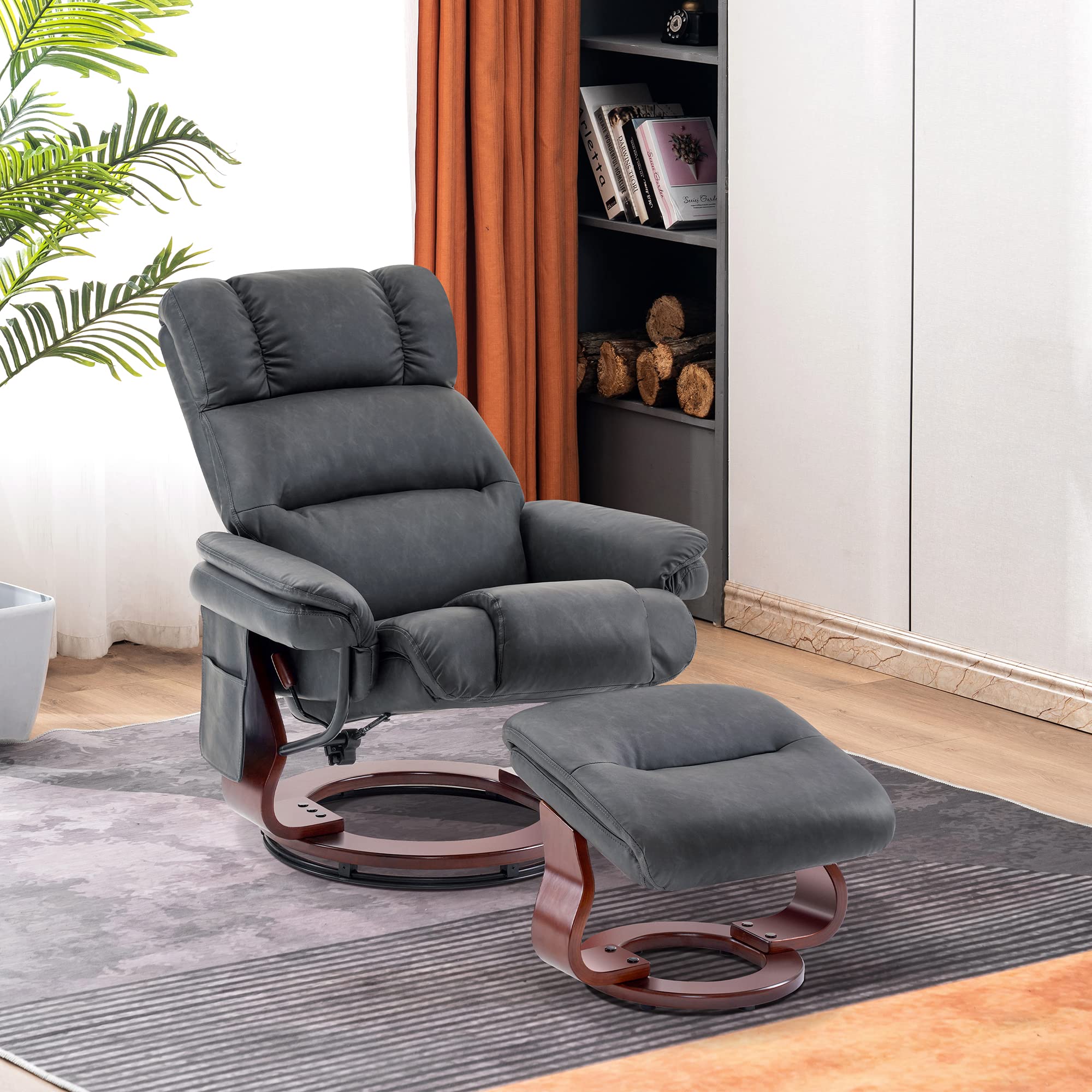 MCombo Swivel Recliners with Ottoman, Reclining TV Chairs with Vibration Massage, Faux Leather Ergonomic Lounge Chair for Living Room Bedroom 4832 (Dark Grey)