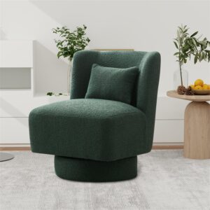 LLS Swivel Accent Sofa Chair with Lumbar Pillow, 360° Metal Base Boucle Fabric Upholstered Modern Barrel Sherpa Single Comfy Armless Couch for Living Room Bedroom Reading Lounge Corner, Green