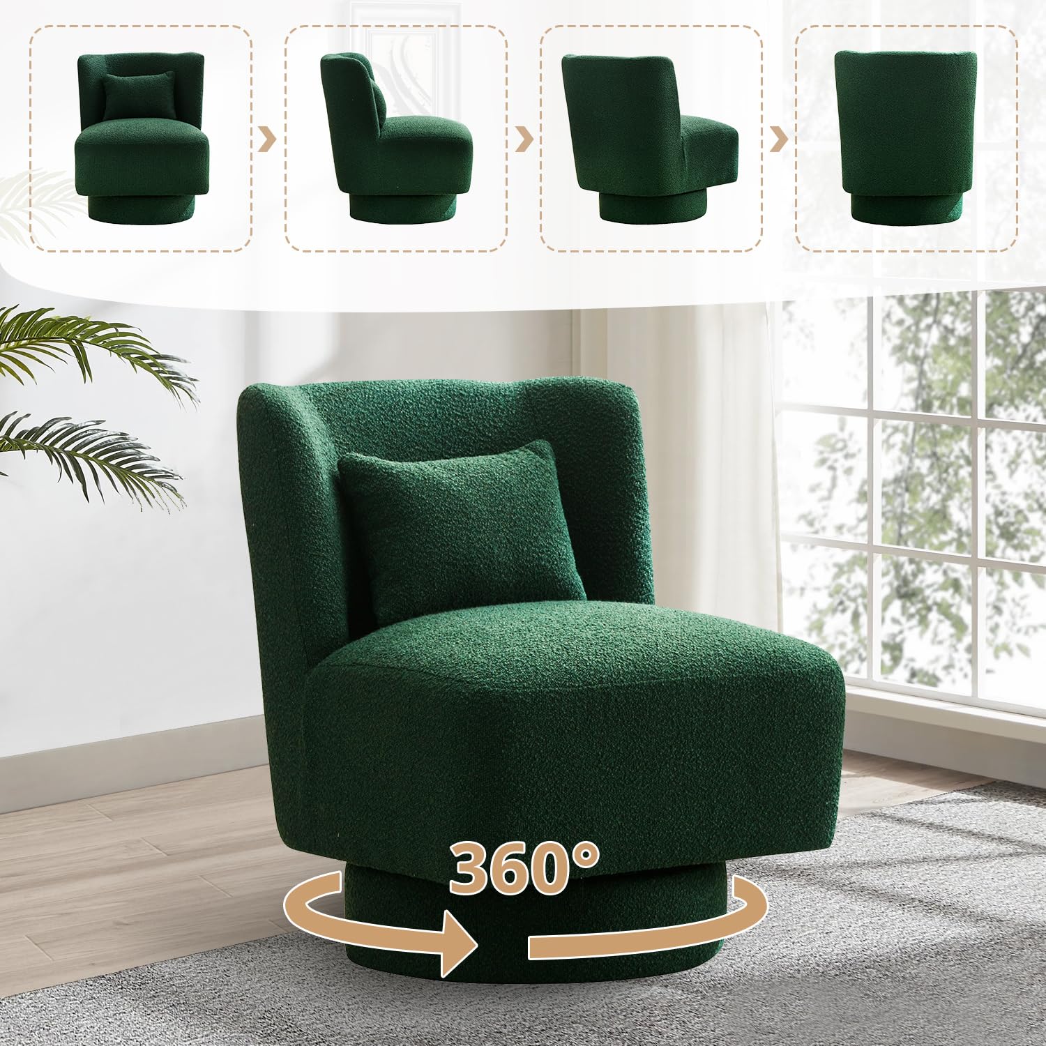 LLS Swivel Accent Sofa Chair with Lumbar Pillow, 360° Metal Base Boucle Fabric Upholstered Modern Barrel Sherpa Single Comfy Armless Couch for Living Room Bedroom Reading Lounge Corner, Green