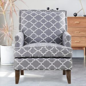 kuvenqiw modern accent chairs,nailhead trim club chair，linen fabric sofa chair，upholstered button tufted armchair，reading chair (grey pattern)