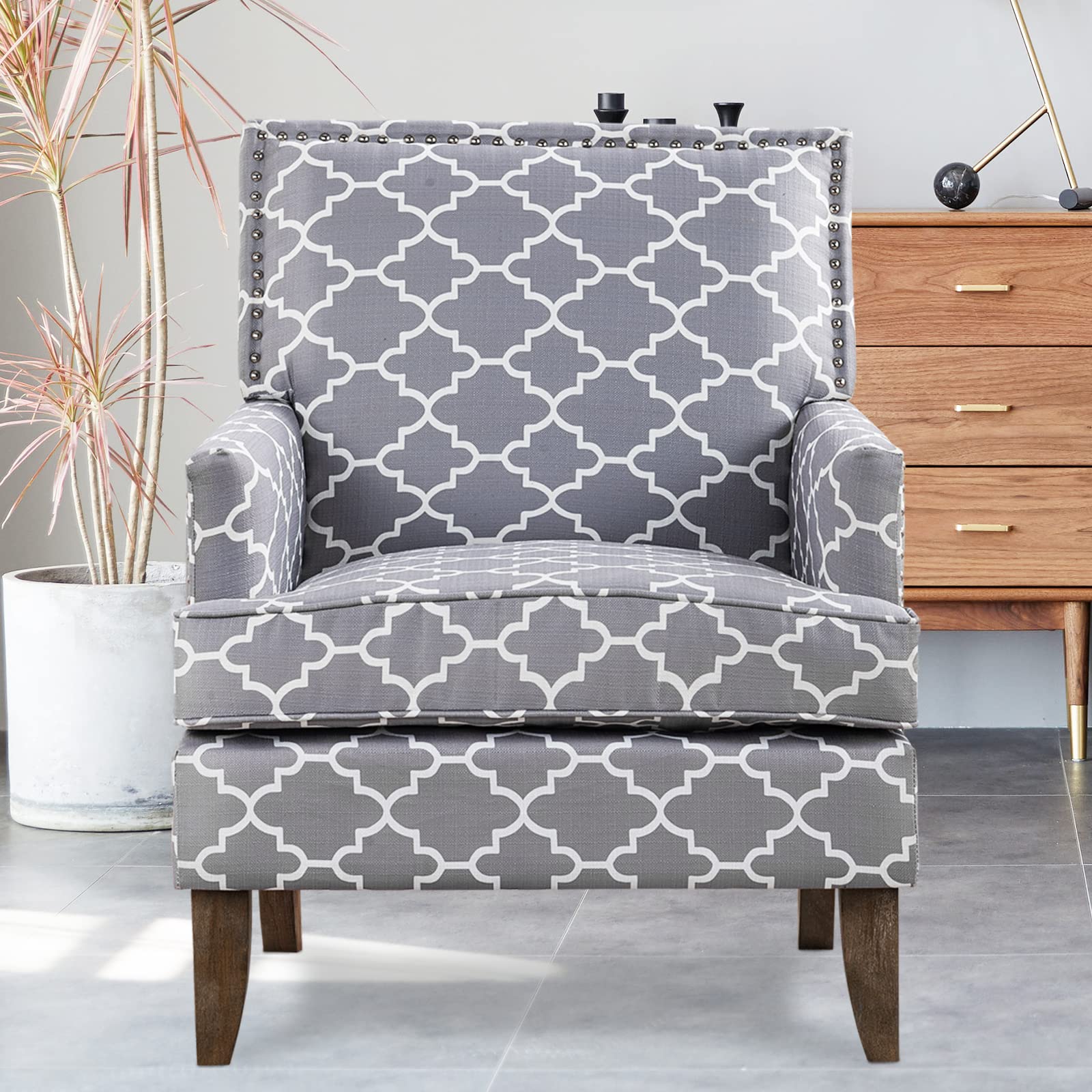 KUVENQIW Modern Accent Chairs,Nailhead Trim Club Chair，Linen Fabric Sofa Chair，Upholstered Button Tufted Armchair，Reading Chair (Grey Pattern)