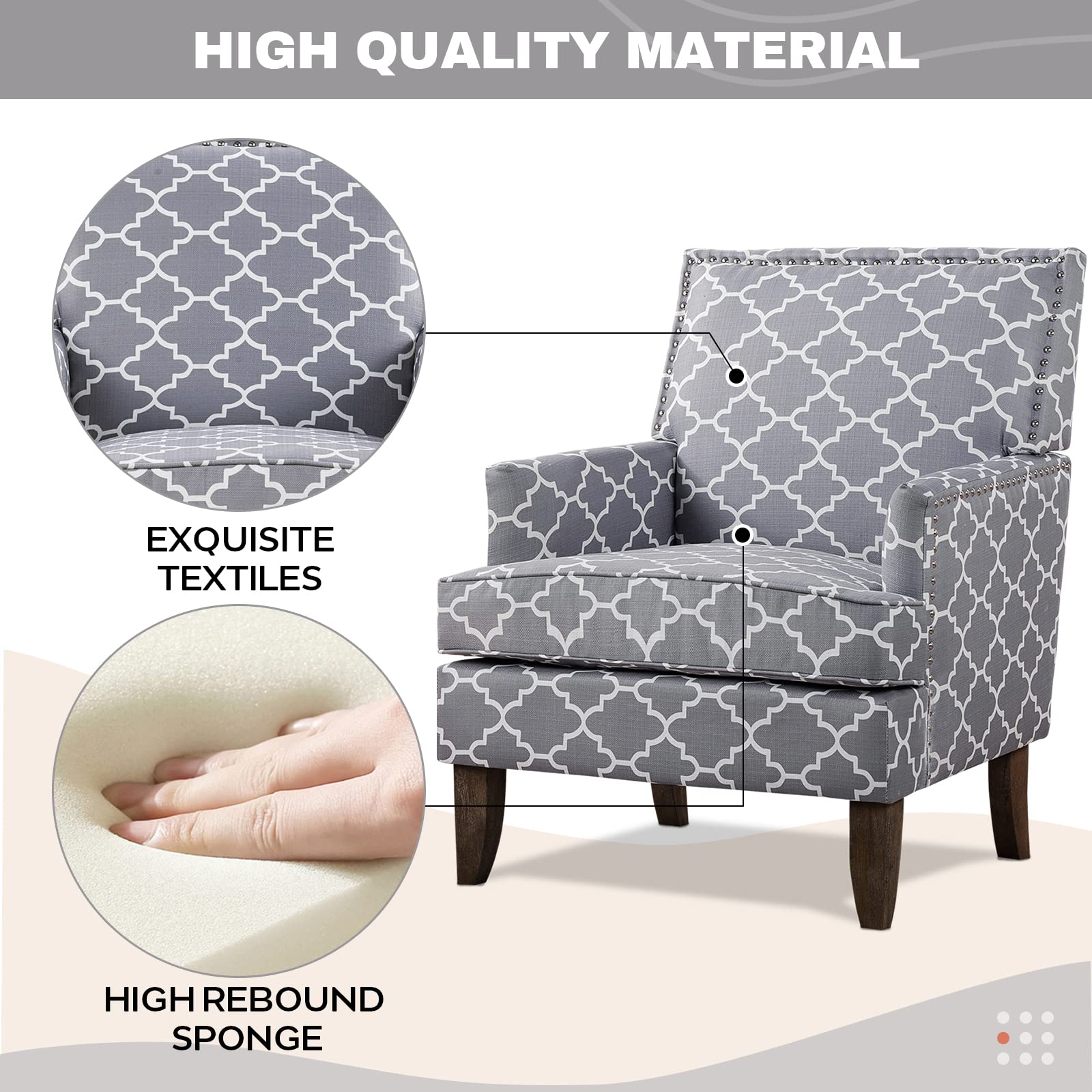 KUVENQIW Modern Accent Chairs,Nailhead Trim Club Chair，Linen Fabric Sofa Chair，Upholstered Button Tufted Armchair，Reading Chair (Grey Pattern)