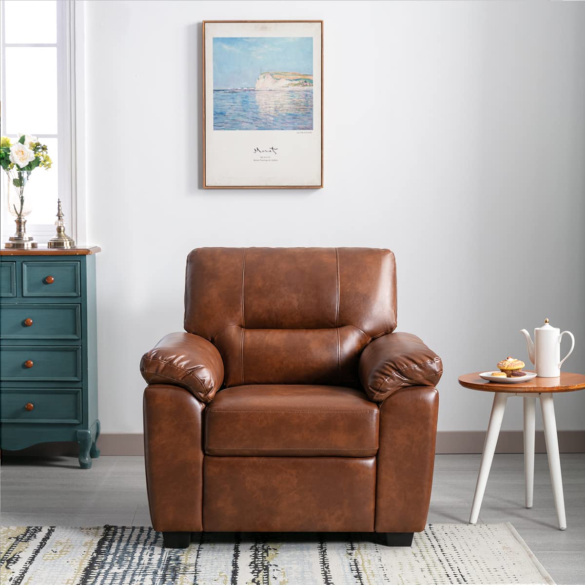 Morden Fort Faux Leather Accent Chair, Mid-Century Modern luxury and Comfy Furniture Sleeper Couches for Living Room, Apartment, Office, Reading Room, Bedroom