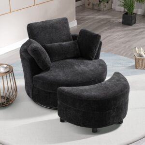 Chair and A Half with Ottoman, 360° Swivel Accent Barrel Chair Modern Comfy Round Reading Sofa Swivel Chairs Circle Lounge Chair for Bedroom Living Room w/4 Pillow Lower Seating Heigh (Black, Large)