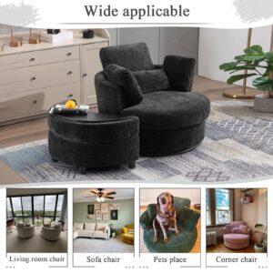 Chair and A Half with Ottoman, 360° Swivel Accent Barrel Chair Modern Comfy Round Reading Sofa Swivel Chairs Circle Lounge Chair for Bedroom Living Room w/4 Pillow Lower Seating Heigh (Black, Large)