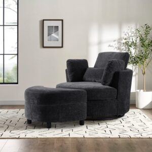 Chair and A Half with Ottoman, 360° Swivel Accent Barrel Chair Modern Comfy Round Reading Sofa Swivel Chairs Circle Lounge Chair for Bedroom Living Room w/4 Pillow Lower Seating Heigh (Black, Large)