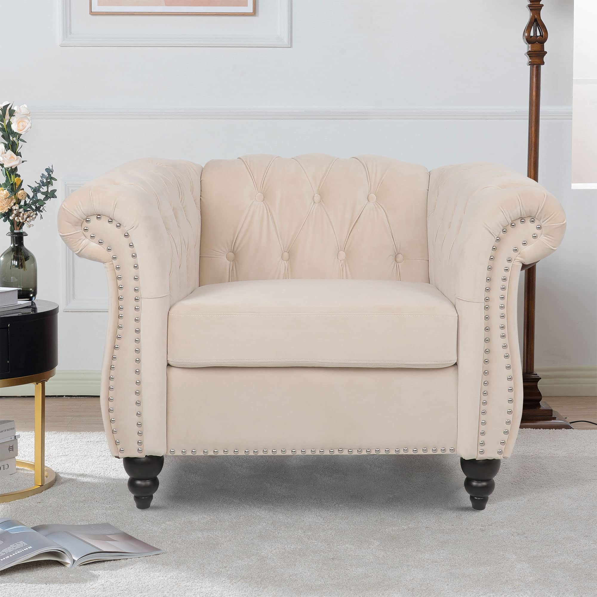 LEVNARY Velvet Chesterfield Chair, Mid-Century Modern Single Sofa Chair with Button Tufted Backrest and Nailhead Decor, Tufted Upholstered Rolled Armchair for Home Bedroom Reading Room (Beige)