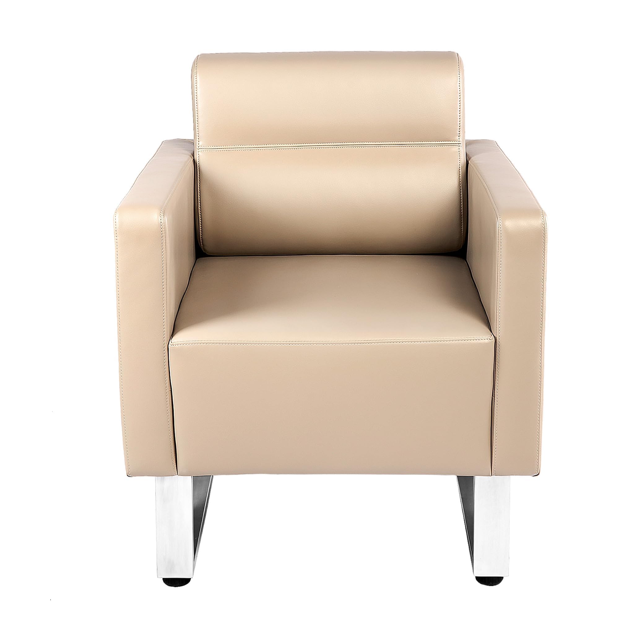 Dporticus Office Guest Reception Chair, Leather Waiting Room Chair with Arms and Soft Cushion, Modern Heavy Duty Lobby Sofa Chair with Stainless Steel Frame Hold Up to 400LBS (Beige)