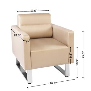 Dporticus Office Guest Reception Chair, Leather Waiting Room Chair with Arms and Soft Cushion, Modern Heavy Duty Lobby Sofa Chair with Stainless Steel Frame Hold Up to 400LBS (Beige)