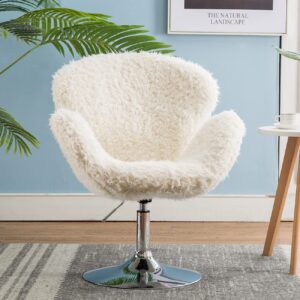 Wahson Faux Fur Armchair Modern Accent Chair with Chrome Base Leisure Swivel Chair Height Adjustable,Occasional Chair for Living Room/Bedroom/Lounge (Cream-Curly Fur)