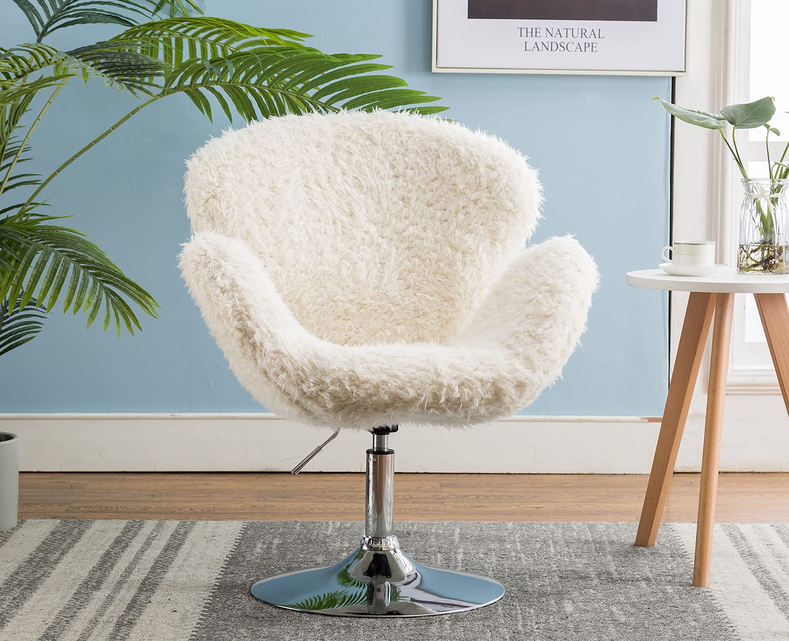 Wahson Faux Fur Armchair Modern Accent Chair with Chrome Base Leisure Swivel Chair Height Adjustable,Occasional Chair for Living Room/Bedroom/Lounge (Cream-Curly Fur)