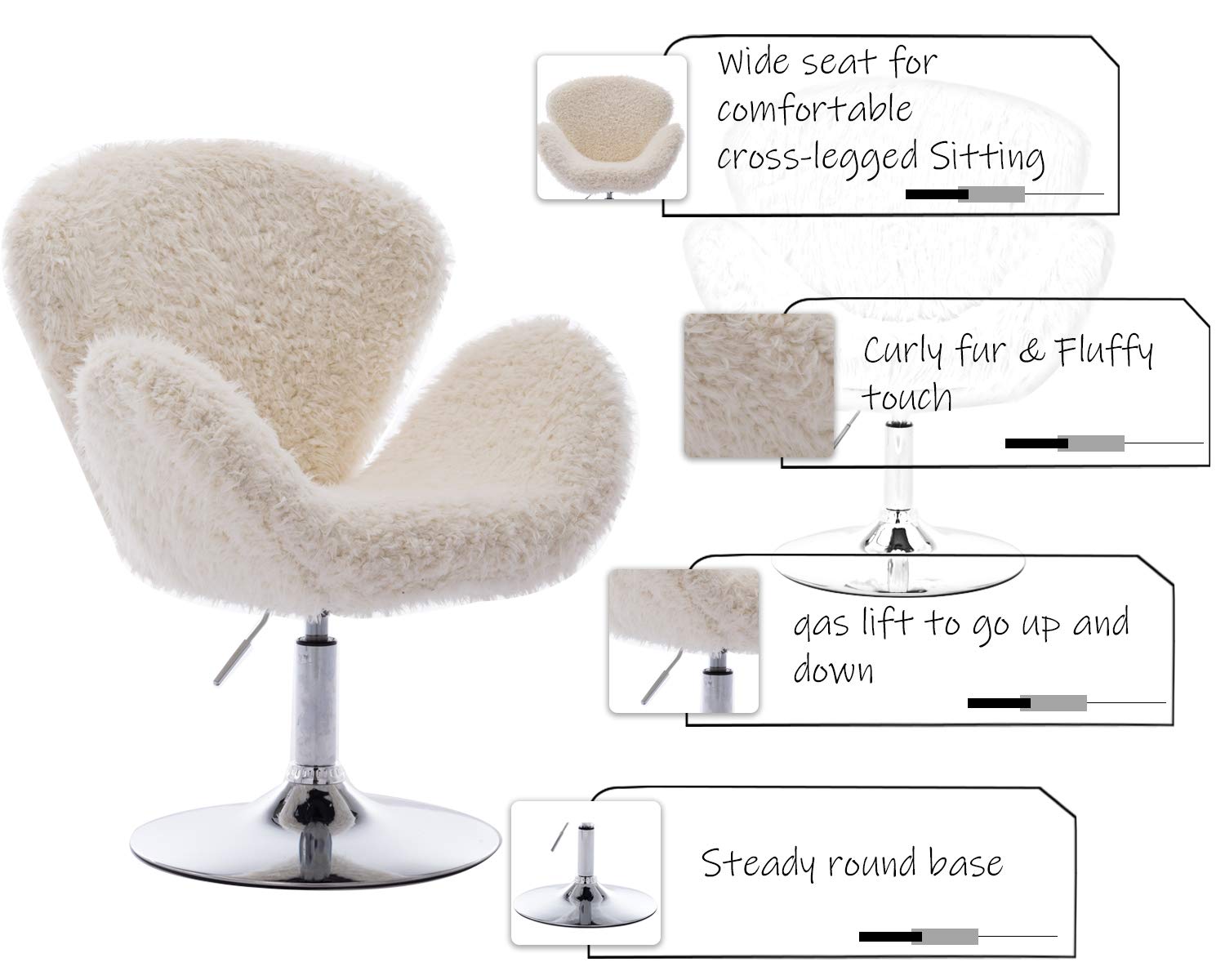 Wahson Faux Fur Armchair Modern Accent Chair with Chrome Base Leisure Swivel Chair Height Adjustable,Occasional Chair for Living Room/Bedroom/Lounge (Cream-Curly Fur)