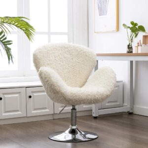 Wahson Faux Fur Armchair Modern Accent Chair with Chrome Base Leisure Swivel Chair Height Adjustable,Occasional Chair for Living Room/Bedroom/Lounge (Cream-Curly Fur)