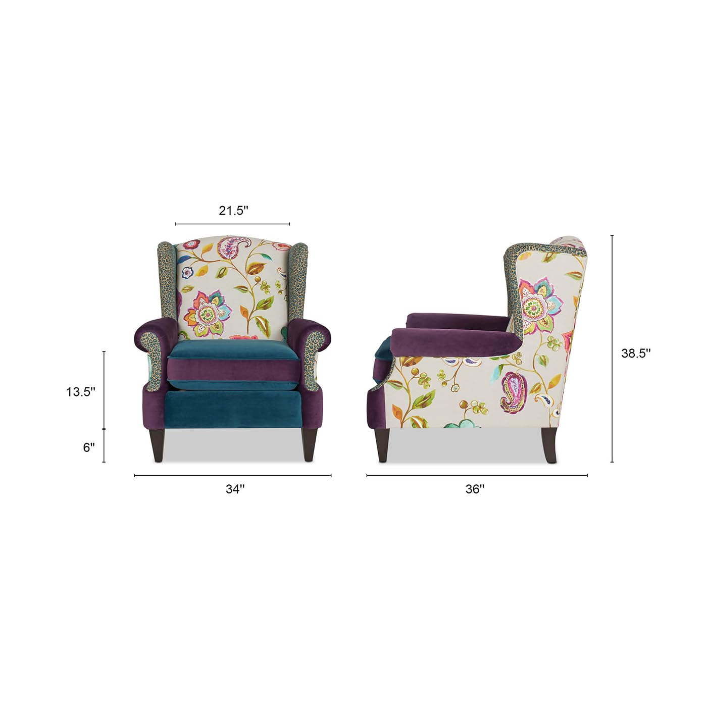 Jennifer Taylor Home Anya Eclectic Floral Patchwork Boho Chic Wingback Large Living Room Lounge Accent Arm Chair