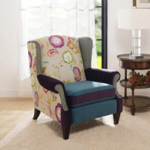 Jennifer Taylor Home Anya Eclectic Floral Patchwork Boho Chic Wingback Large Living Room Lounge Accent Arm Chair