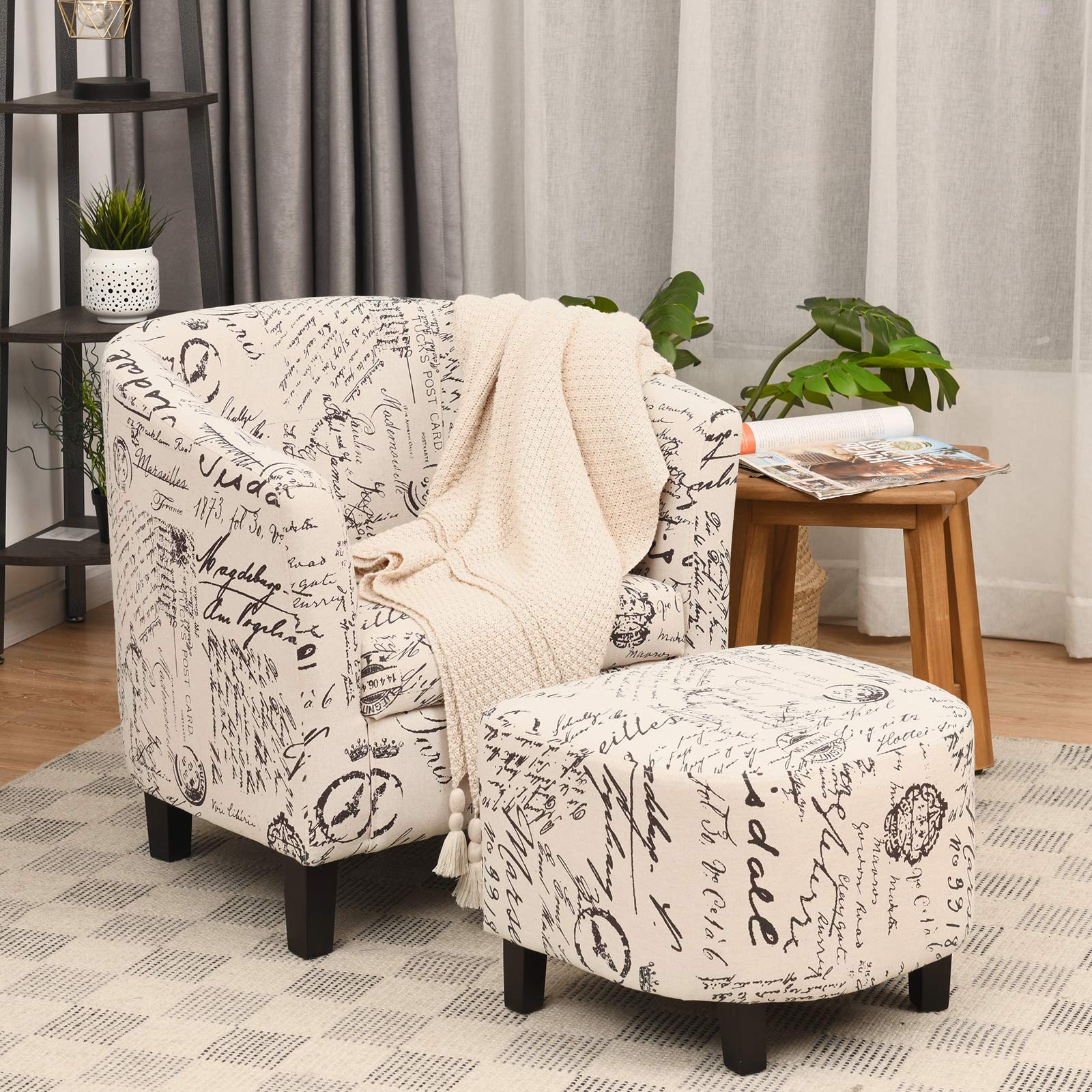 Giantex Modern Accent Chair with Ottoman, Upholstered Barrel Tub Chair and Footrest Set, Linen Fabric Club Arm Chair w/Solid Wood Legs, Ideal for Living Room, Bedroom, Garret