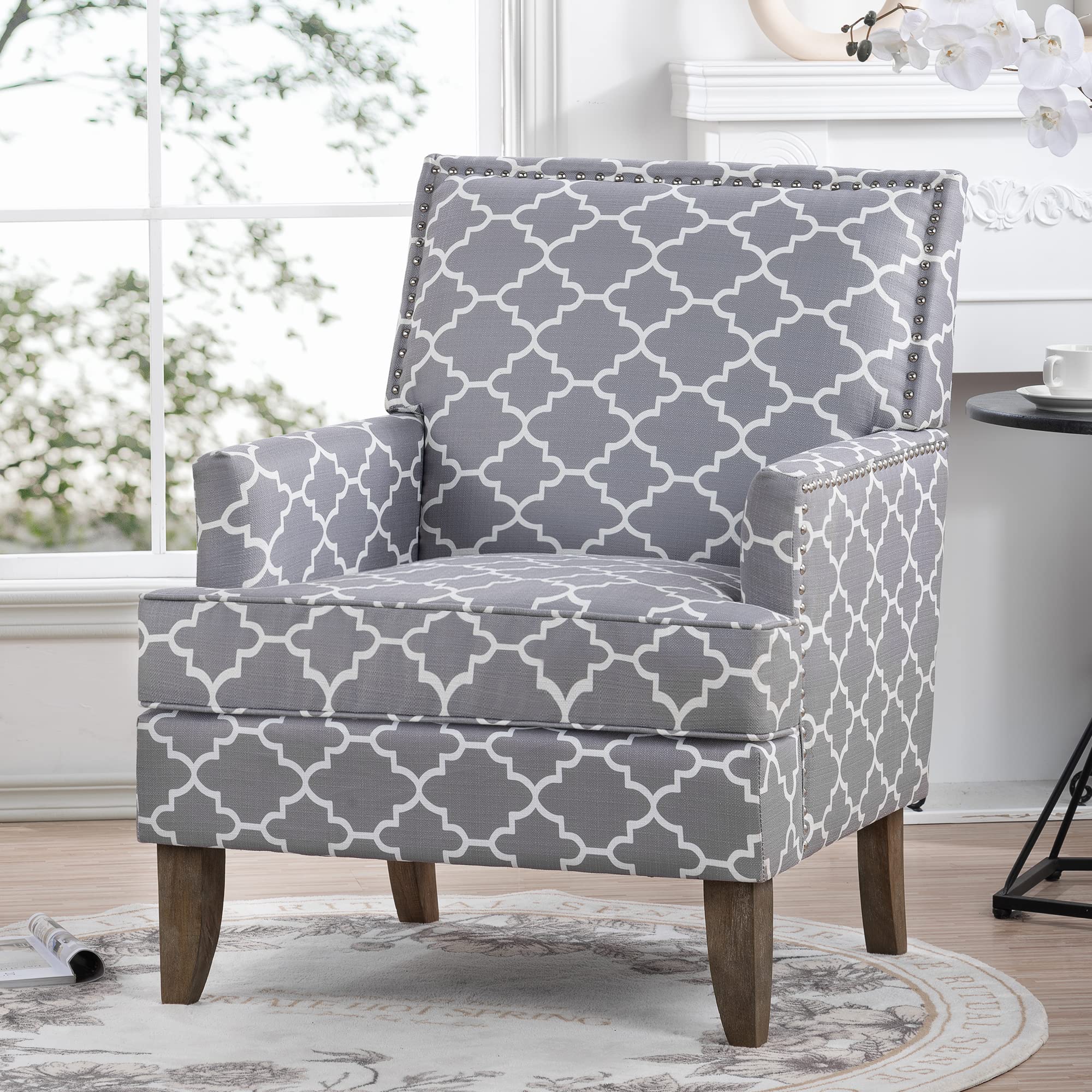 Living Room Decorative Chair Fabric Tufted Club Chair Comfort Upholstered Armchair Family Apartment Lounge Chair with Solid Wood Legs - Floral Print (upholstered gray checked pattern)