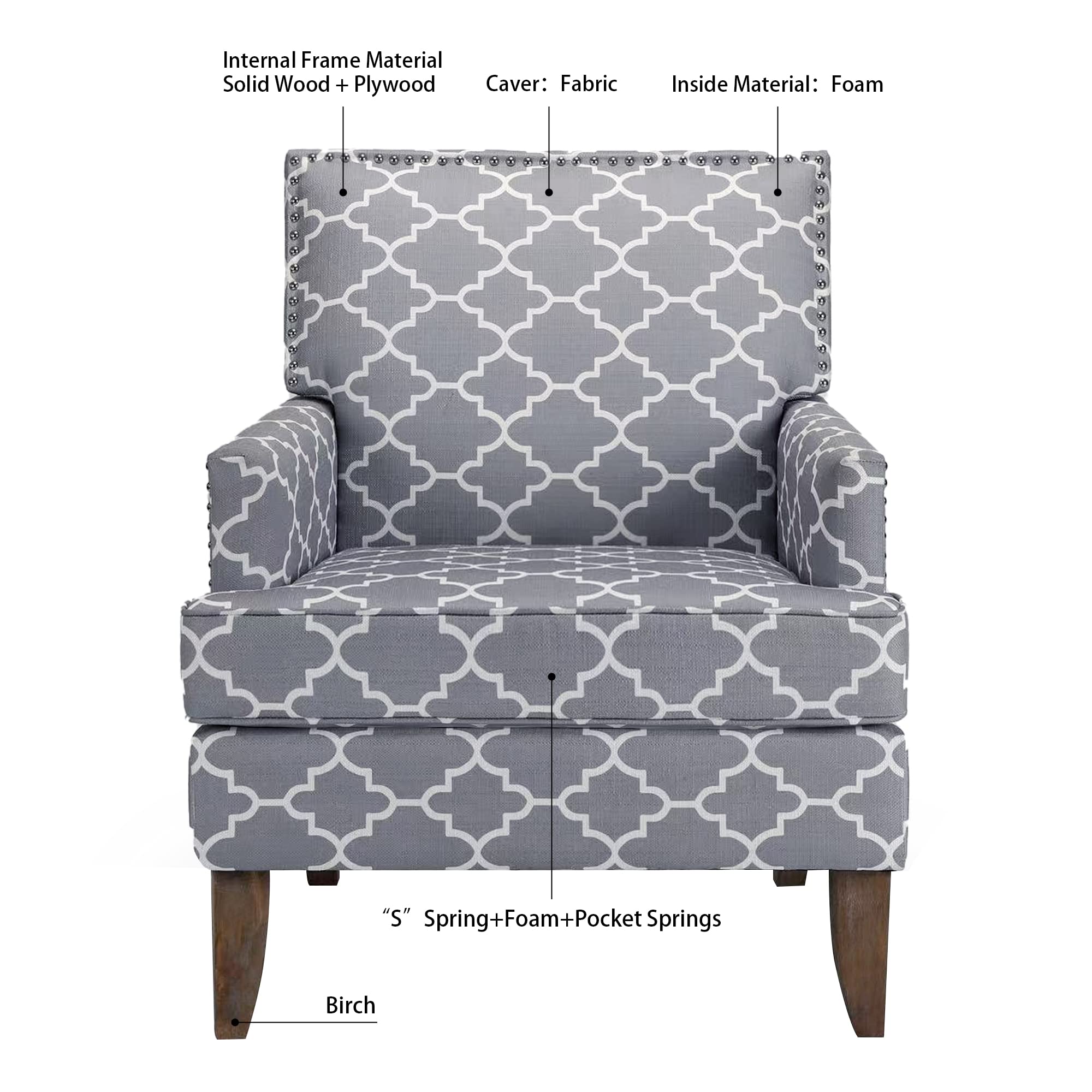 Living Room Decorative Chair Fabric Tufted Club Chair Comfort Upholstered Armchair Family Apartment Lounge Chair with Solid Wood Legs - Floral Print (upholstered gray checked pattern)