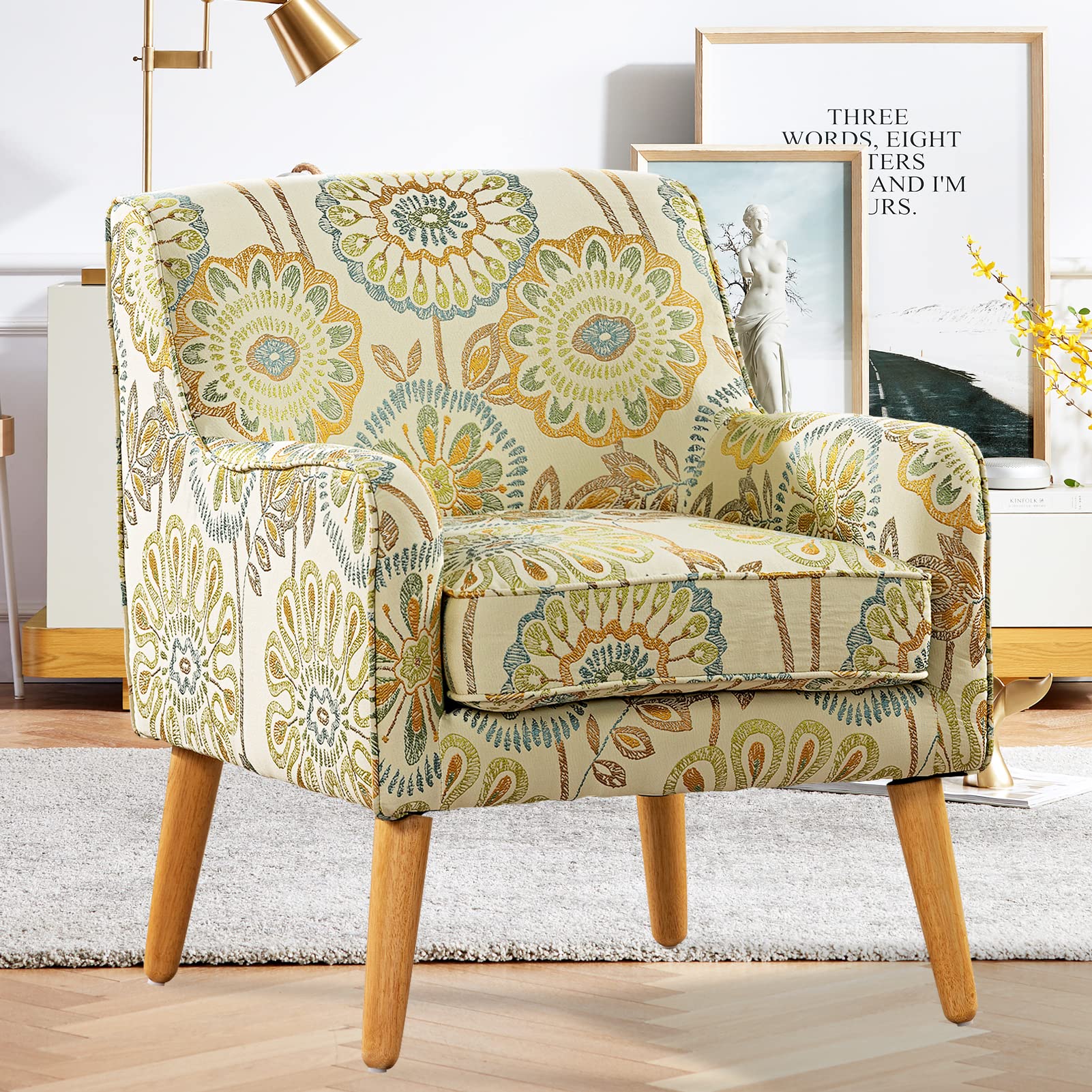 Vaztrlus Fabric Accent Chair Club Chair Exquisite Print Living Room Chairs Upholstered Modern Reading Chair Tufted Classic Wingback Chair for Bedroom(Sun Flower)